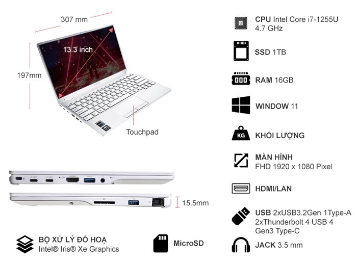 Laptop Fujitsu UH-X-9U13A3 i7-1255U/16GB/1TB/Win11 4ZR1J37874 Trắng