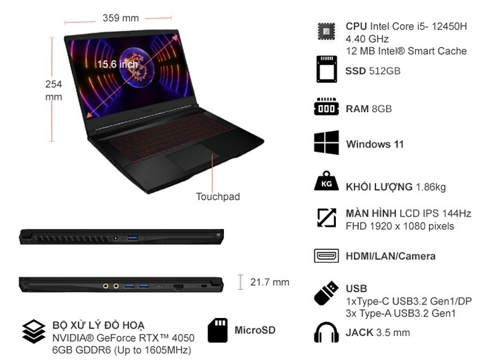 Laptop MSI GF63 Thin i5-12450H/8GB/512GB/Win11 (12VE-460VN) Laptop MSI GF63 Thin i5-12450H/8GB/512GB/Win11 (12VE-460VN)