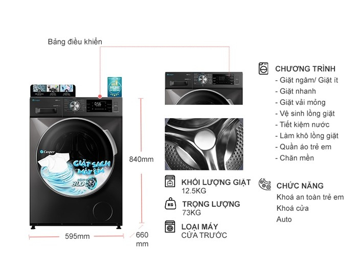 Máy giặt Casper Inverter 12kg WF-125I140BGB