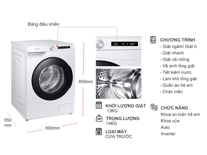 Máy giặt Samsung 13 kg Inverter WW13T504DAW