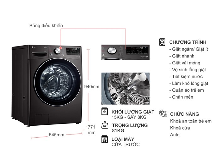 Máy giặt sấy LG Inverter 15 kg F2515RTGB