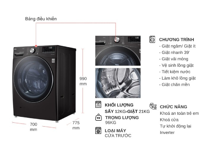 Máy giặt sấy LG Inverter F2721HVRB 21/12kg