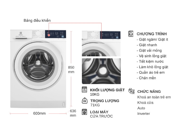 Máy giặt Electrolux Inverter 10 kg EWF1024D3WB