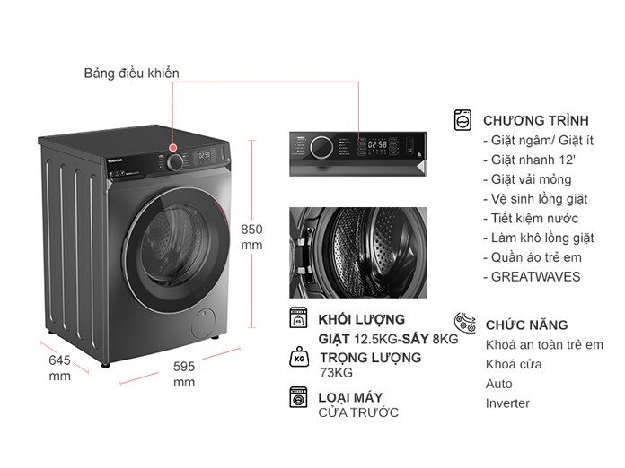 Máy giặt sấy Toshiba TWD-BM135GF4V(MG) 12.5/8kg