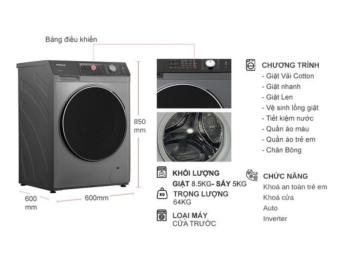 Máy giặt sấy Hitachi Inverter BD-D852HVOS 8.5/5kg