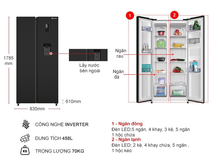 Tủ Lạnh Casper Inverter 458 Lít RS-460PBW Giá Rẻ, Chính Hãng | Nguyễn Kim