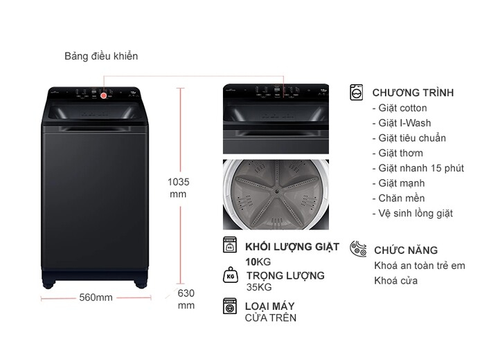 Máy giặt Aqua Inverter 10 kg AQW-DR100JT.BK