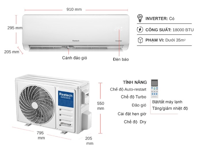 Máy lạnh Reetech Inverter 2 HP RTV18-TC-BI