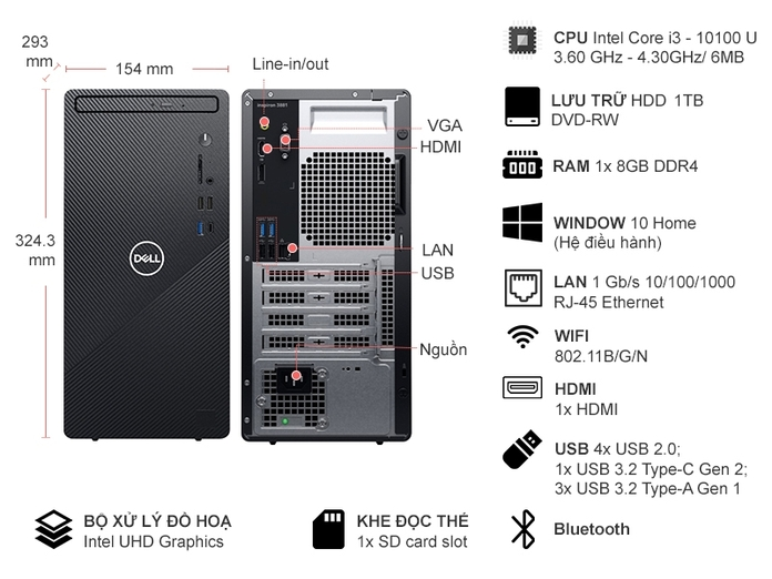 PC Dell Inspiron 3881 MT i3-10100/8GB/1TB 0K2RY1 Giá Tốt | Nguyễn Kim