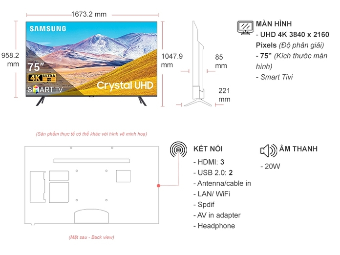Smart Tivi Samsung Crystal UHD 4K 75 inch UA75TU8100KXXV