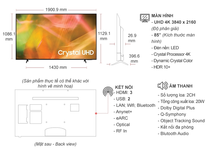 Smart Tivi Samsung Crystal UHD 4K 85 Inch UA85AU8000KXXV | Nguyễn Kim