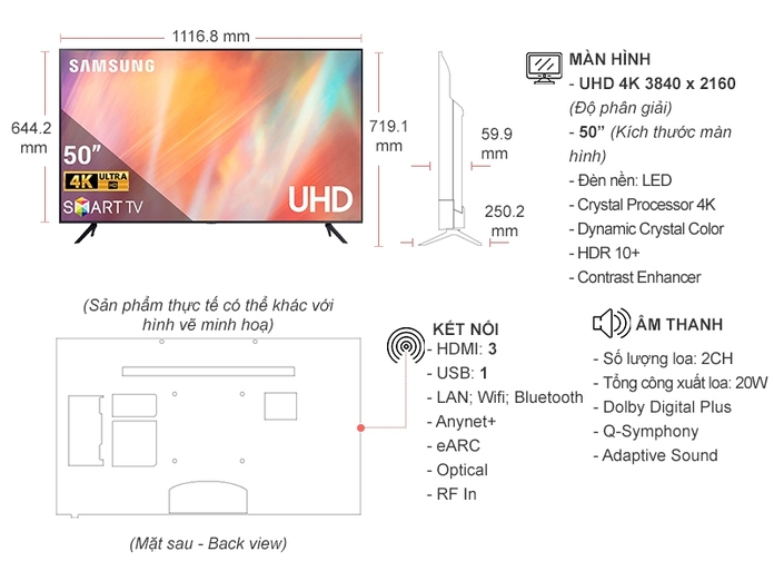 Smart Tivi Samsung Crystal UHD 4K 50 inch UA50AU7000KXXV