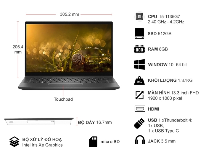 Laptop Dell Inspiron 7306 i5-1135G7 13.3 inch N3I5202W