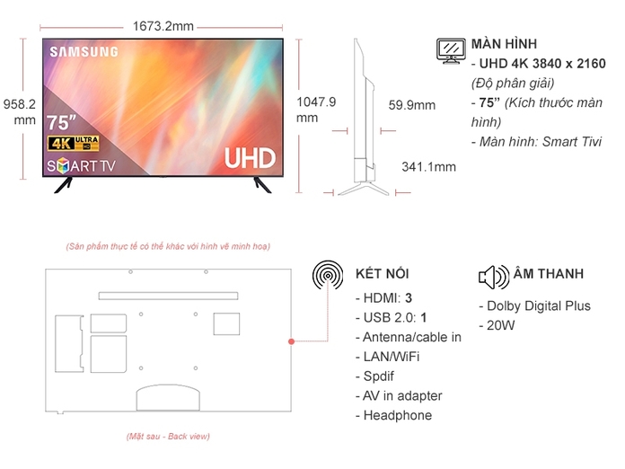 Smart Tivi Samsung 4K 75 inch UA75AU7700KXXV