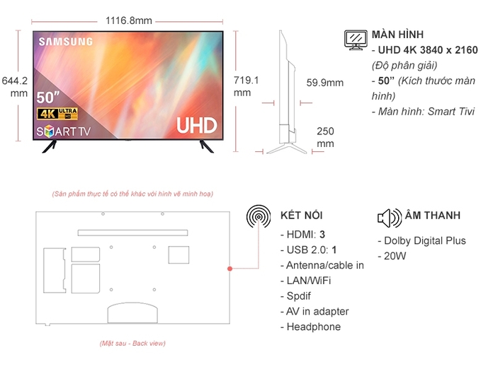 Smart Tivi Samsung 4K 50 inch UA50AU7700KXXV