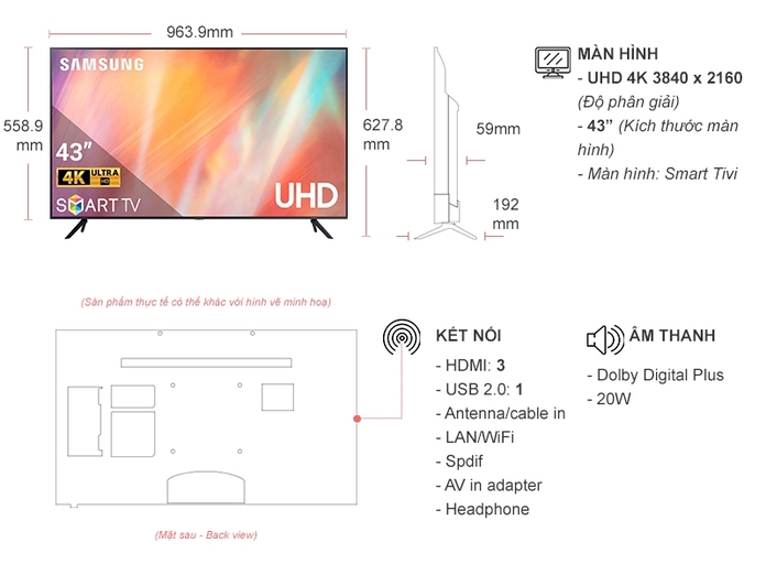 Smart Tivi Samsung 4K 43 inch UA43AU7700KXXV