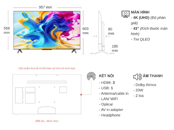 Google Tivi QLED TCL 4K 43 Inch 43C645