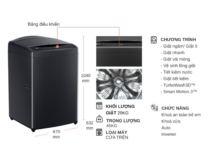 Máy Giặt LG Inverter 20 Kg TV2520DV7J Giá Rẻ, Chính Hãng | Nguyễn Kim