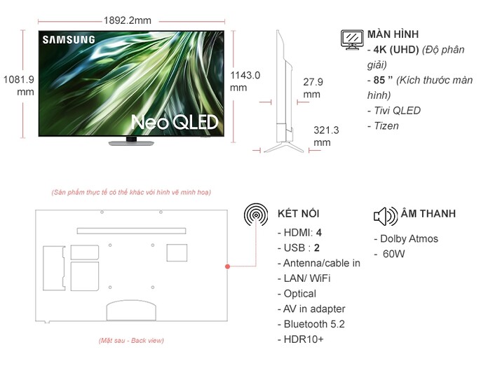 Smart Tivi Neo QLED Samsung 4K 85 inch QA85QN90DAKXXV