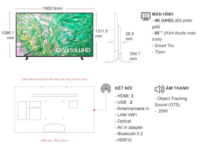 Smart Tivi Samsung 4K 85 inch UA85DU8000KXXV