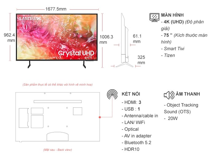 Smart Tivi Samsung 4K 75 inch UA75DU7700KXXV