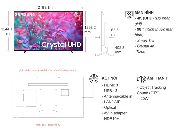 Smart Tivi Crystal Samsung 4K 98 inch UA98DU9000KXXV