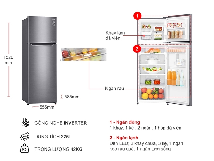 Tủ lạnh LG Inverter 208 lít GN-M208PS