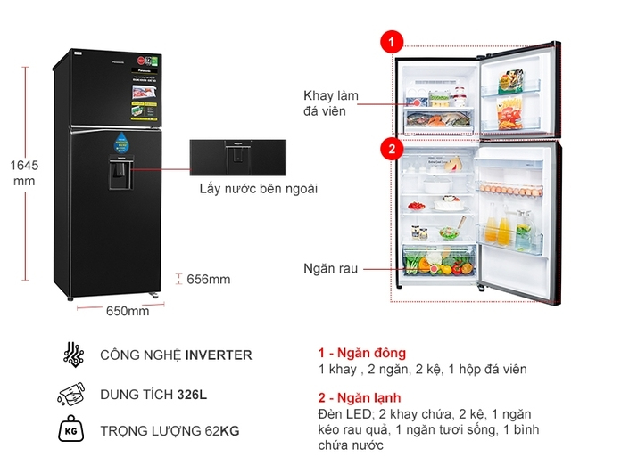 Tủ lạnh Panasonic Inverter 326 lít NR-BL351WKVN Tủ lạnh Panasonic Inverter 326 lít NR-BL351WKVN
