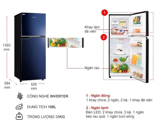 Tủ lạnh Panasonic Inverter 188 lít NR-BA229PAVN