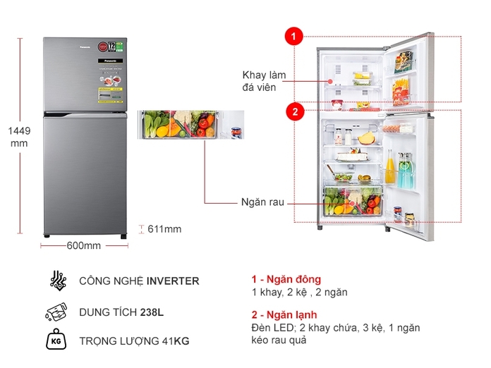 Tủ lạnh Panasonic Inverter 238 lít NR-BL26AVPVN