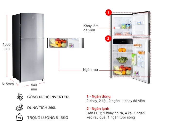 Tủ lạnh Electrolux Inverter 260 lít ETB2802J-A