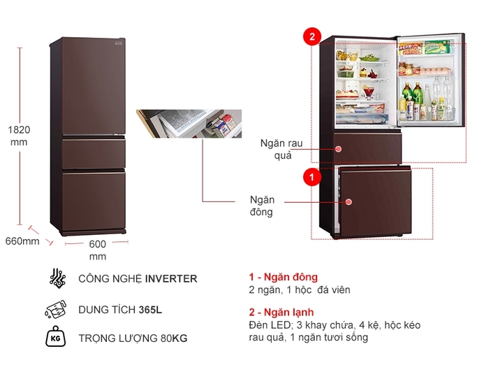 Tủ lạnh Mitsubishi Inverter 365 Lít MR-CGX46EN-GBR-V