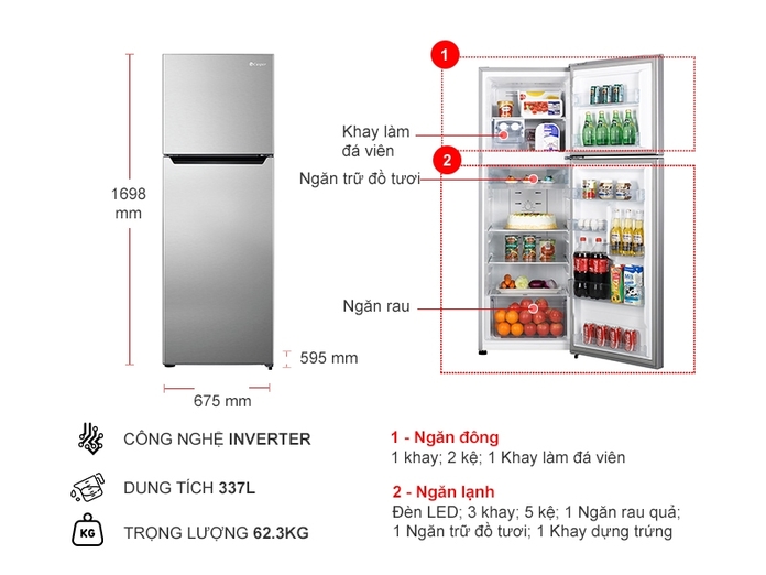 Tủ lạnh Casper Inverter 337 lít RT-368VG