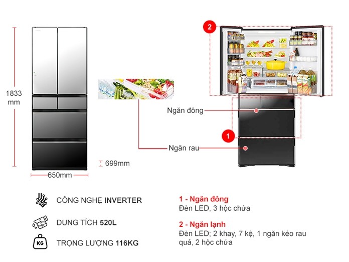 Tủ lạnh Hitachi Inverter 520 lít R-HW530NV (X)