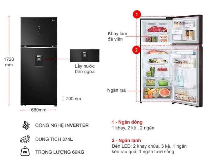 Tủ lạnh LG Inverter 374 lít GN-D372BLA