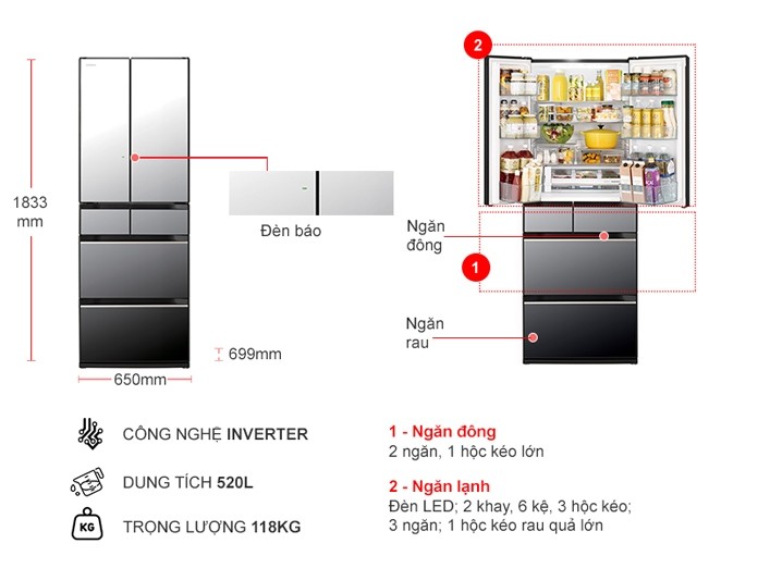 Tủ lạnh Hitachi Inverter 520 lít R-HW540RV (X)