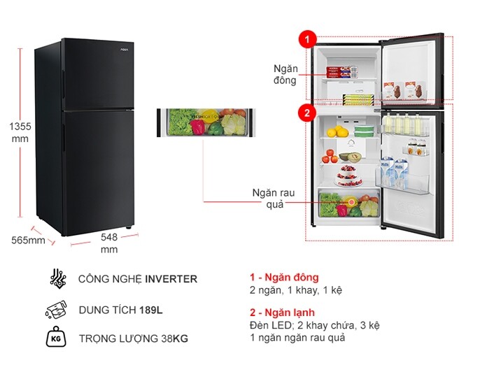 Tủ lạnh Aqua Inverter 189 lít AQR-T220FA(FB)