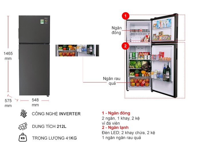 Tủ lạnh Aqua Inverter 212 lít AQR-T239FA(HB)