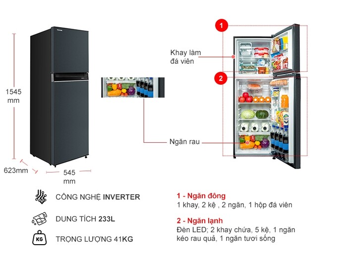 Tủ lạnh Toshiba Inverter 233 lít GR-RT303WE-PMV(52)