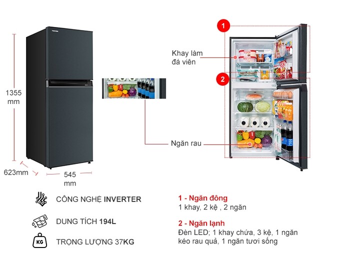 Tủ lạnh Toshiba Inverter 194 lít GR-RT252WE-PMV(52)