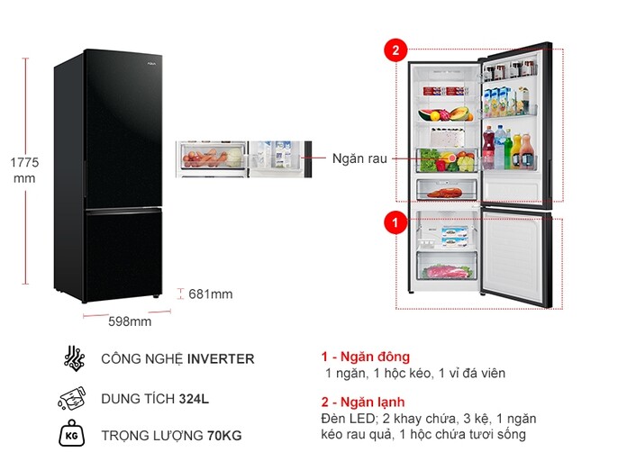 Tủ lạnh Aqua Inverter 324 lít AQR-B390MA(FB)