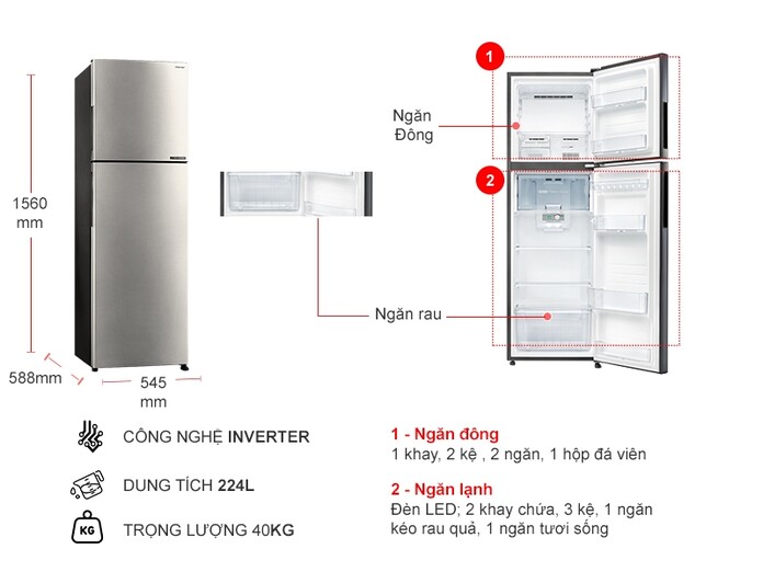 Tủ lạnh Sharp Inverter 224 lít SJ-X252AE-SL