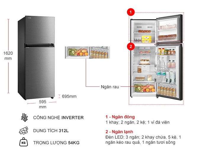 Tủ lạnh Toshiba Inverter 312 lít GR-RT416WE-PMV(58)-MM