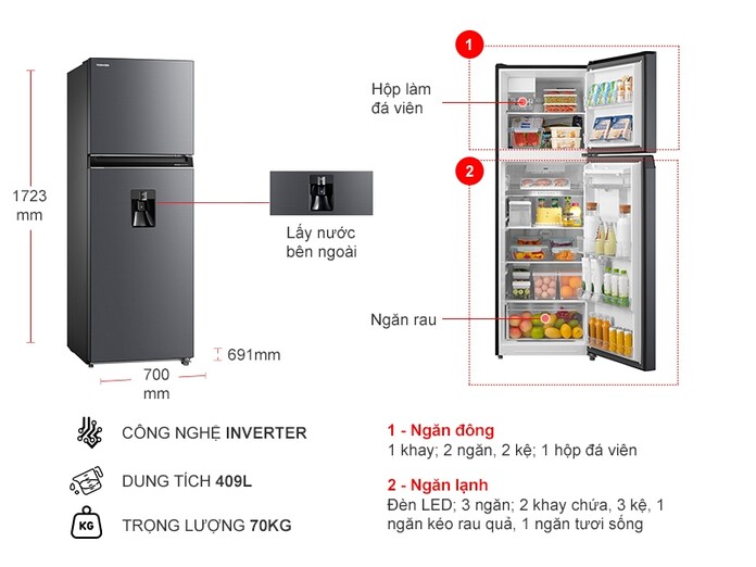 Tủ lạnh Toshiba Inverter 409 lít GR-RT535WEA-PMV(06)-MG