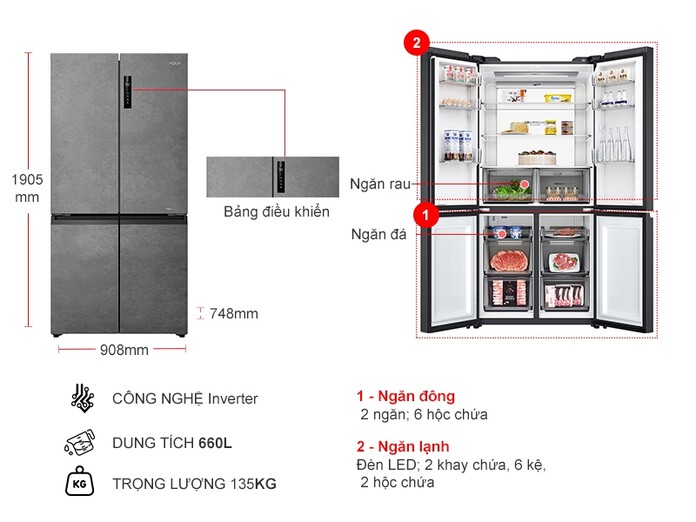 Tủ lạnh Aqua Inverter 660 lít AQR-M727XA(GS)U1