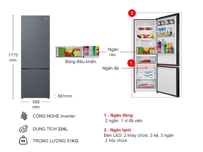 Tủ lạnh Aqua Inverter 324 lít AQR-B390MA(SLB)