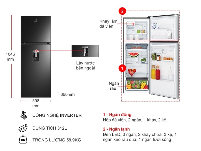 Tủ lạnh Electrolux Inverter 312 lít ETB3440M-H