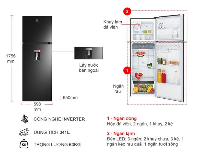 Tủ lạnh Electrolux Inverter 341 lít ETB3740M-H