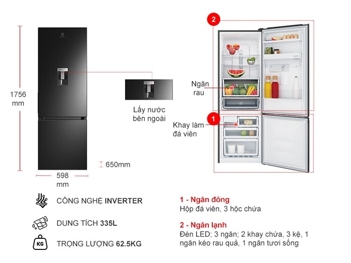 Tủ lạnh Electrolux Inverter 335 lít EBB3742M-H