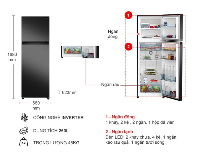 Tủ lạnh Hitachi Inverter 260 lít HRTN5275MFUVN